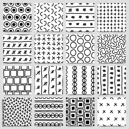 Set of hand drawn ink seamless pattern, vector illustration