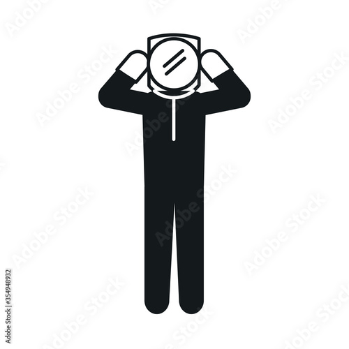 pictogram man with protective face mask and suit, silhouette style