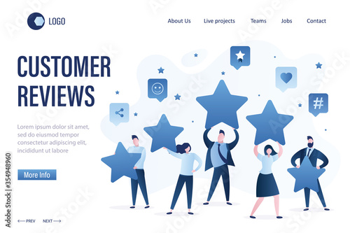 Customer reviews landing page template. Group of businesspeople holding stars. Five stars rating, high quality concept.