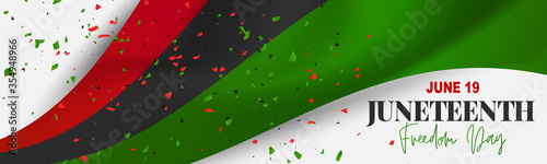 Juneteenth Freedom Day. 19 June African American Emancipation Day. Annual American holiday. Black, red, and green banner or header background with lettering. Vector illustration.