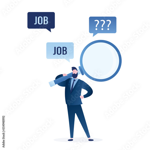 Unemployed man holds magnifying glass. Businessman or office worker looking for job. Problem of unemployment.