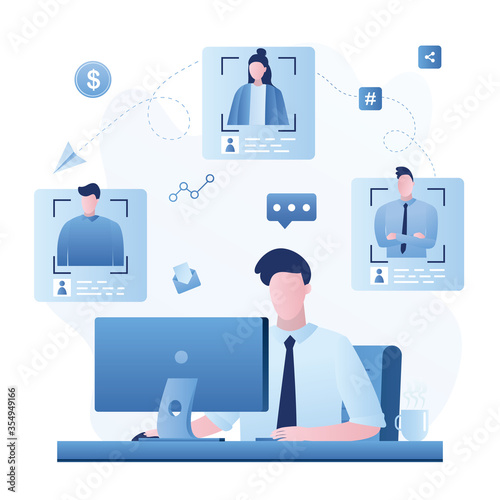 Male employee talking with various colleagues in network, remote negotiations, conference. Distance work.