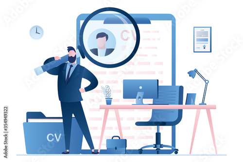 Modern workplace, businessman or HR specialist with magnifying glass. Recruitment agency office.