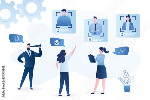 Group of businesspeople or HR specialists choosing candidates on job. Recruitment agency office.