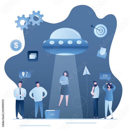 Recruitment process concept, job vacancy. Ufo attracts businesswoman. Job sickers, hr agency finding and hiring new employees.
