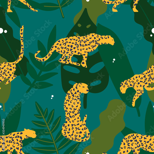 Leopard and plants texture. Pattern for textile, paper, background etc © Дженіфер Сікора