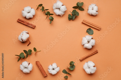 Fototapeta Naklejka Na Ścianę i Meble -  Beautiful composition with cotton flowers on color background