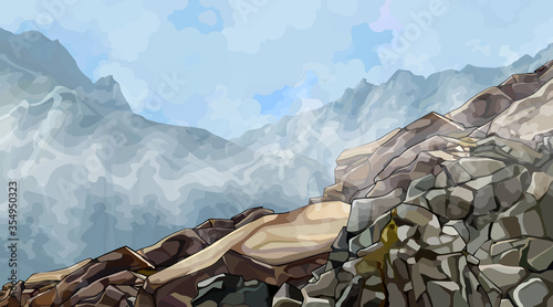 painted rocky slope in the fog among the mountains