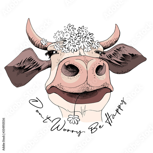Cute smiling cow in chamomile flowers headband. Don't worry be happy - lettering quote. Humor card, t-shirt composition, hand drawn style print. Vector illustration.