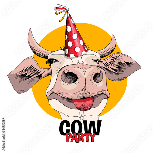 Cute smiling cow in a red polka dot party hat. Humor card, t-shirt composition, hand drawn style print. Vector illustration.