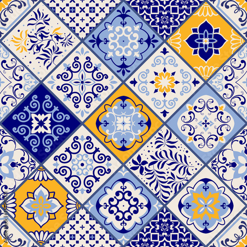 Azulejos tiles patchwork. Seamless colorful patchwork. Hand drawn seamless abstract pattern. Majolica pottery tile, blue, yellow azulejo. Original traditional Portuguese and Spain decor. Vector
