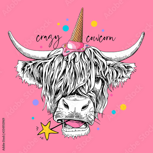 Adorable Cow (Hairy Coo) in a pink ice cream party hat and with a yellow star. Crazy Cowcorn - lettering quote. Humor card, t-shirt composition, hand drawn style print. Vector illustratration.