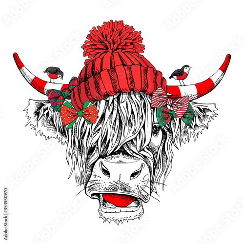 Adorable Cow with bangs in a red knitted hat with pom pom, bows and with a birds. Christmas and New year card, Humor composition, hand drawn style print. Vector illustration.
