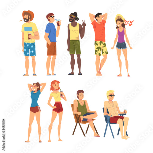 Happy Relaxed People Collection, Lounging Male and Female Characters Enjoying their Leisure Vacation, Summer Holidays and Traveling Cartoon Vector Illustration
