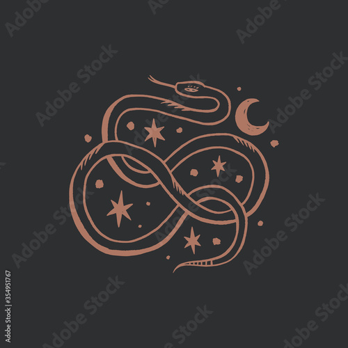 Vintage line art elegant knot snake. Witchcraft culture concept. Harmony and zen. Crescent moon magic symbols. Elegant female tattoo artwork. Isolated vector illustration. Moonchild animal. Logo, icon