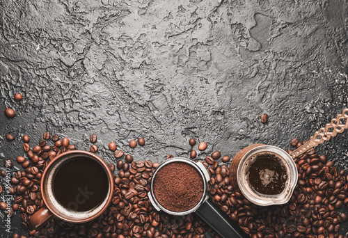 Composition with hot coffee on dark background