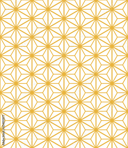 Seamless elegant kumiko asanoha traditional Japanese pattern in golden mustard yellow color on white background. Gold geometric vector pattern.