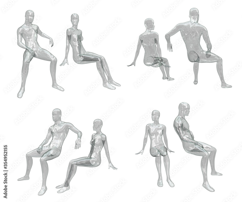 Set of female and male transparent glass mannequin for clothes in a sitting pose. Shop window decoration. Set of 3d illustrations isolated on white background. Front, back, side view. Set of female and male transparent glass mannequin for clothes in a sitting pose. Shop window decoration. Set of 3d illustrations isolated on white background. Front, back, side view.