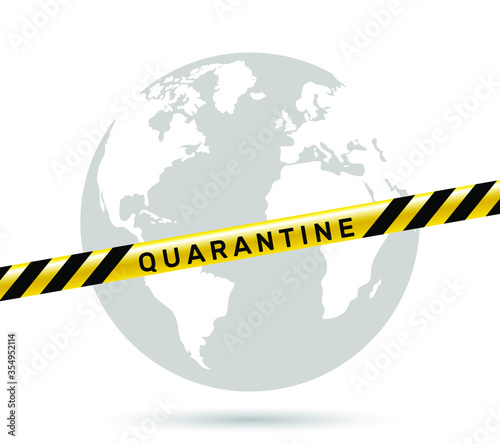 Coronavirus quarantine. Virus attack earth globe. Warning protection strip in yellow and black color crosses illustration. Big text biohazard sign.Vector illustration 