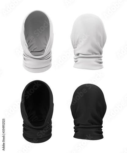 Headgear, buff, scarf, hat, hood in white and black color. Invisible Man. Faceless person. Blank template, mock up for design. 3d realistic illustration. Front and back view.