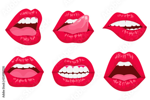 Sexy woman s flat lips expressing different emotions  such as smile  kiss  half-open mouth  biting lip  lip licking  tongue out. Red lips collection. 