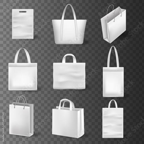 Empty shopping bags set isolated. Set of beautiful, realistic shopping bags. Paper texture and silk handles.