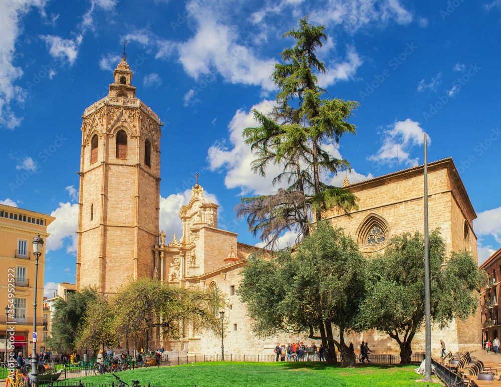 View of the Cathedral of Valencia, Spain.  The bell tower receives the name of 