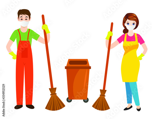 vector illustration of young professional sweepers holding broom and wearing mask and rubber gloves.