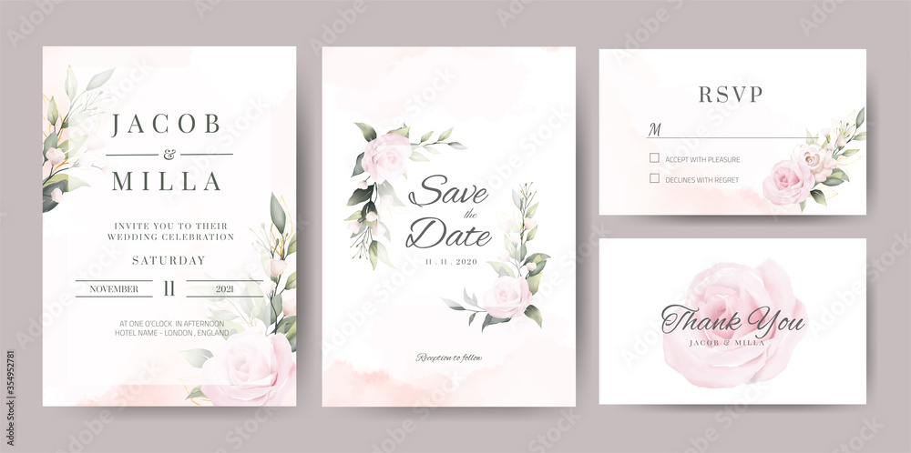 wedding invitaion card set template design with pink rose watercolor and gold leaf