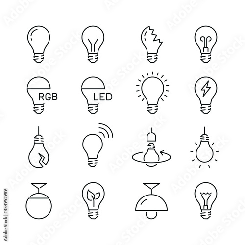 Light bulb related icons: thin vector icon set, black and white kit