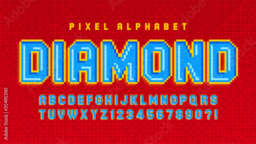 Pixel vector alphabet design, stylized like in 8-bit games.