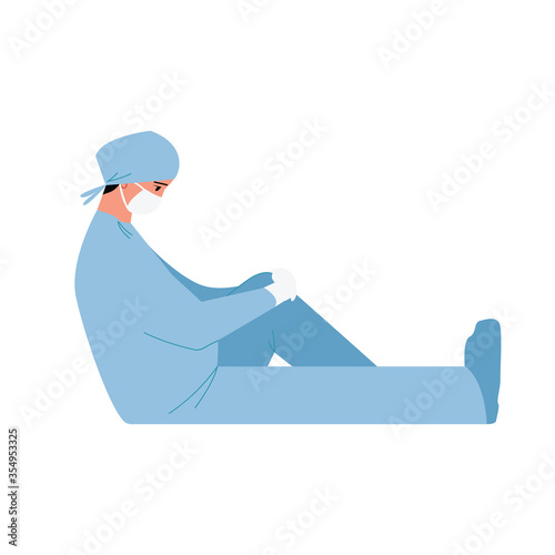 Sad doctor a man or woman in a mask after work is sitting on the floor, isolated on a white background. A tired medical worker in uniform. Vector flat illustration in cartoon style.