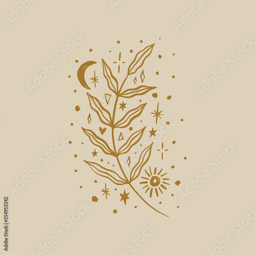 Moonchild twig. Modern forest witch concept. Witchcraft culture. Harmony and zen. Crescent moon magic symbols. Vector illustration.