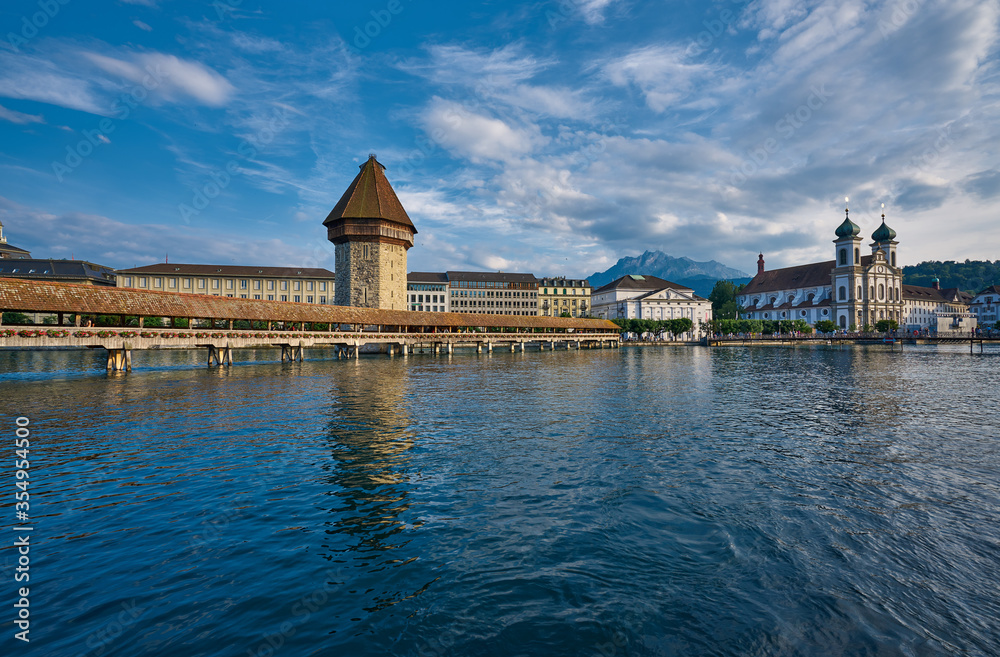 Panorama of Lucerne / Luzern with Chapel Bridge above Reuss River, Switzerland. 