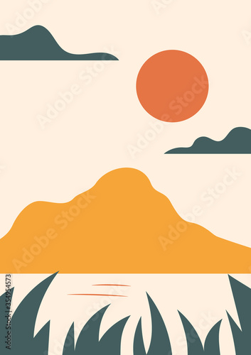 Simple vector landscape poster with hills  sun  sea  vintage oriental style. Warm retro red  yellow  beige  green. Trendy vertical print for t-shirt  cover  decor. EPS10  editable.