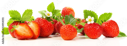 Strawberry Fruit Panorama - Strawberries with Leaves and Blossoms isolated on white Background