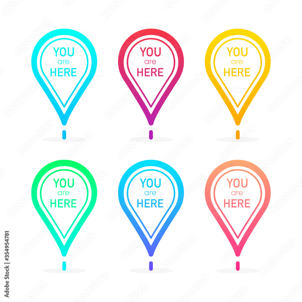 You Are Here Red Location Pointer Marker collection of different gradients isolated on white background. Vector illustration. You Are Here Red Location Pointer Marker collection of different gradients isolated on white background. Vector illustration.