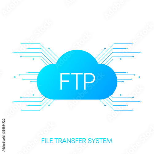 FTP server transfer files system. Blue gradient objects on white background. Vector.