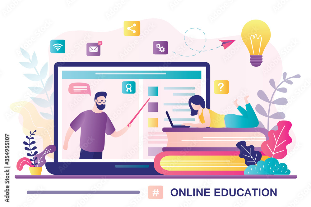 Online education concept banner. E-learning, home schooling. Girl student working on laptop