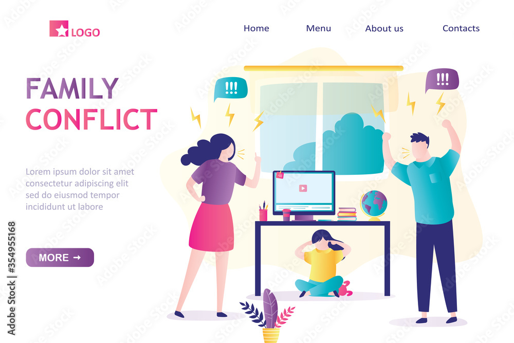 Family conflict landing page template. Quarrel in family. Angry parents swearing. Unhappy daughter sitting under tabl