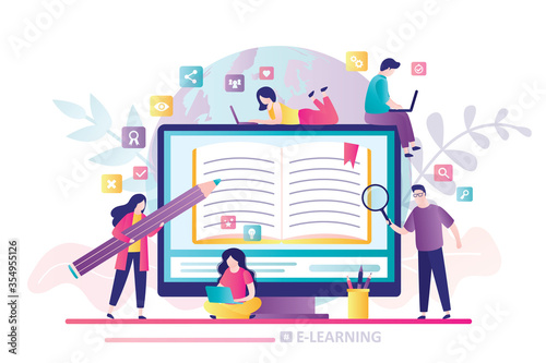 E-learning banner. Online education, home schooling. Display with open textbook. Group of various students learning.