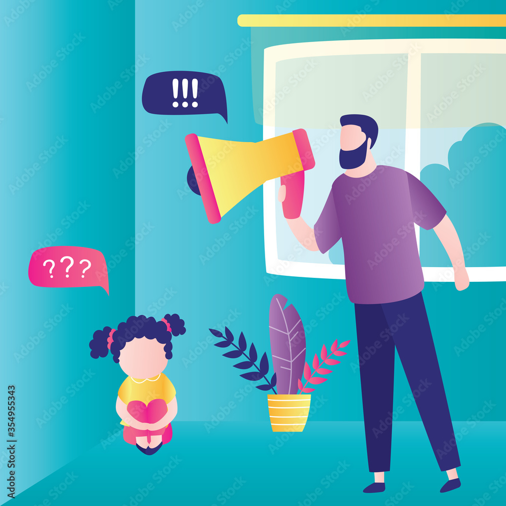 Child abuse. Parent abusing kid, father shouts in loudspeaker to unhappy daughter. Cartoon man scolds unhappy girl Child abuse. Parent abusing kid, father shouts in loudspeaker to unhappy daughter. Cartoon man scolds unhappy girl