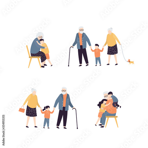 Collection of various activities with grandparents. Set of elderly people isolated on white.