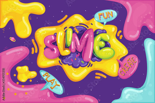 Slime cartoon inscription. kids color illustration 