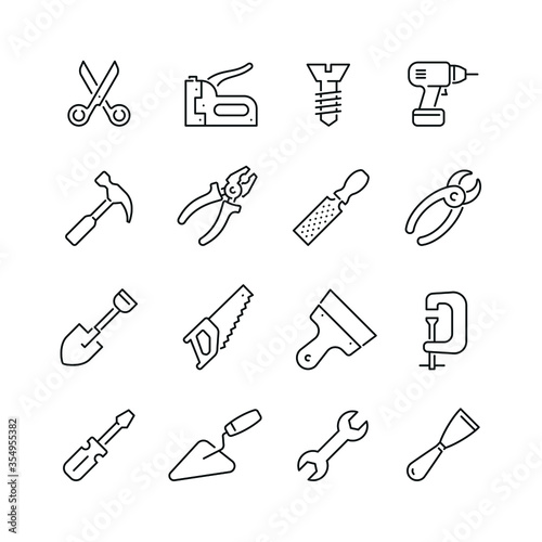 Tools related icons: thin vector icon set, black and white kit