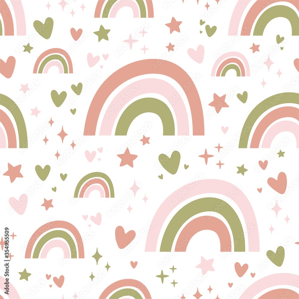 Fototapeta premium Seamless pattern with cute rainbows, stars and hearts.