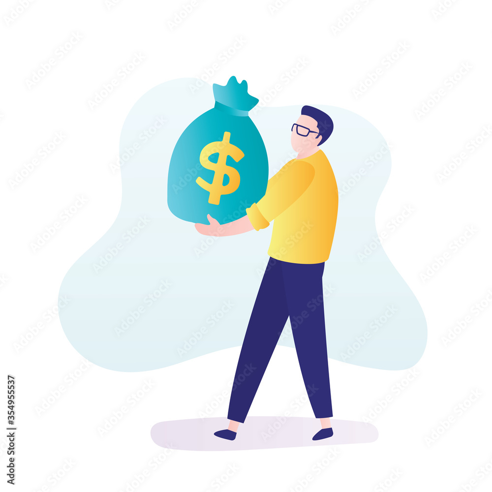 Businessman holding bag with money. Reward or profit concept. Man employee with salary. Male character in trendy style. Businessman holding bag with money. Reward or profit concept. Man employee with salary. Male character in trendy style.