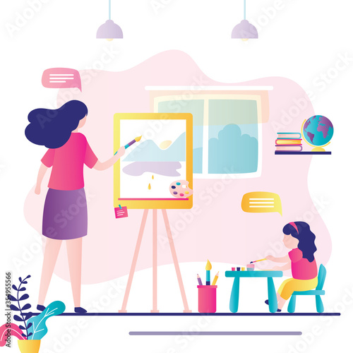Art class. Early childhood education. Woman art teacher and girl preschooler student with brush. Drawing lessons banner,