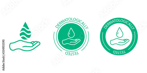 Dermatologically tested vector label with water drop, leaf and hand logo. Dermatology test and dermatologist clinically proven icon for allergy free and healthy safe product package tag EPS