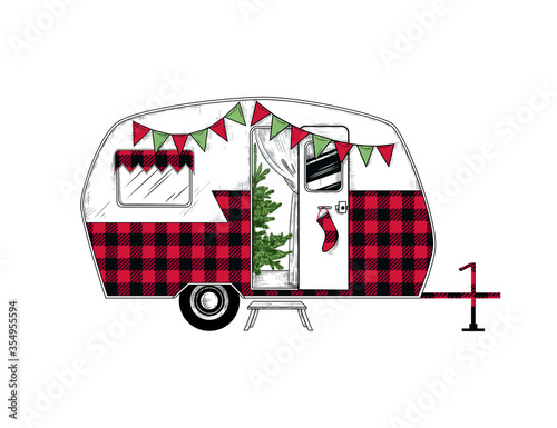 .Buffalo plaid Christmas  camper. Vintage vector illustration..  Engraved design element on a white background.  Christmas style.